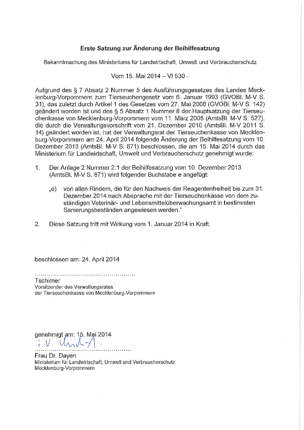 Beihilfesatzung 2014 (1. Änderung)