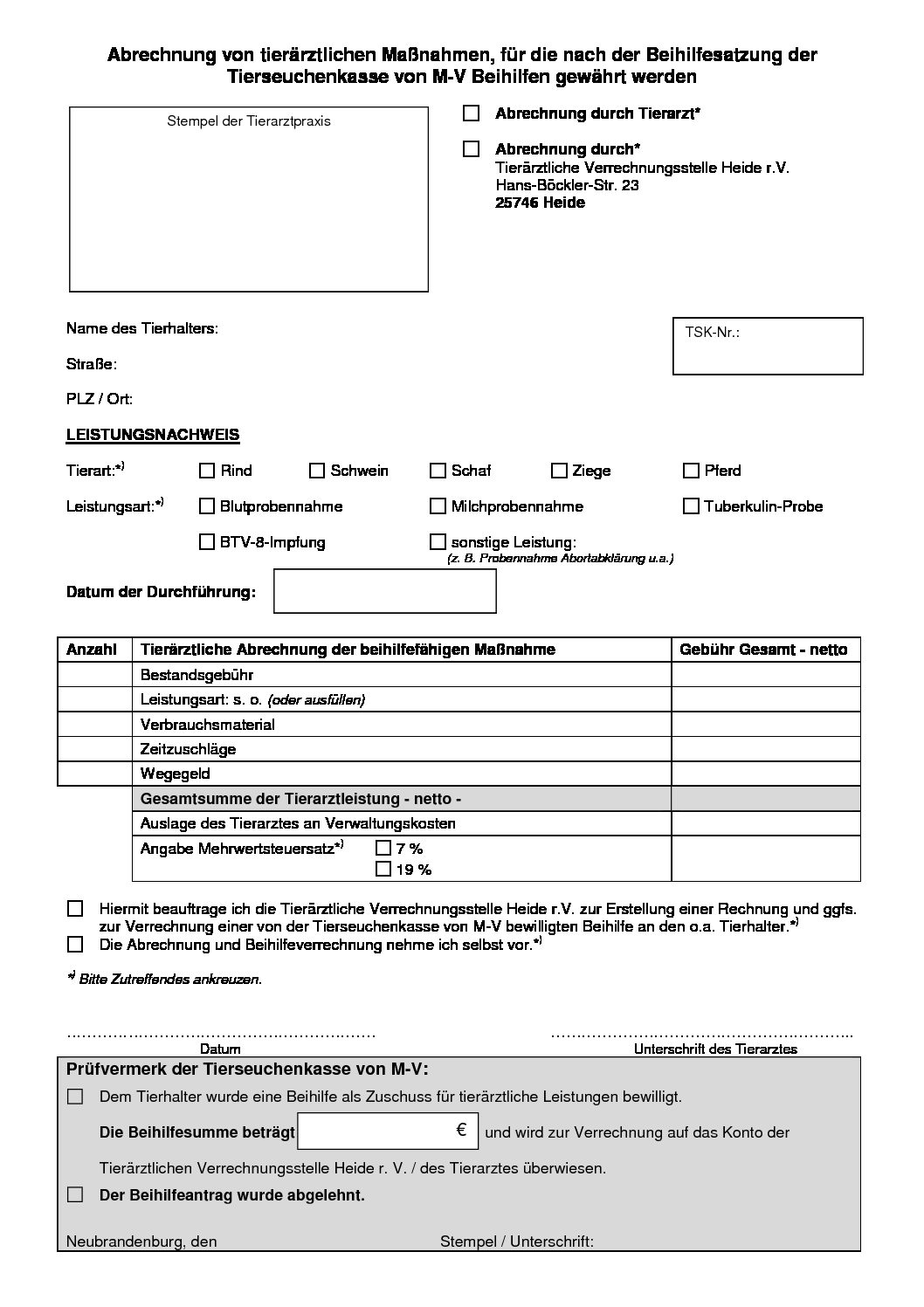 Abrechnung von tierärztlichen Maßnahmen über TV Heide
