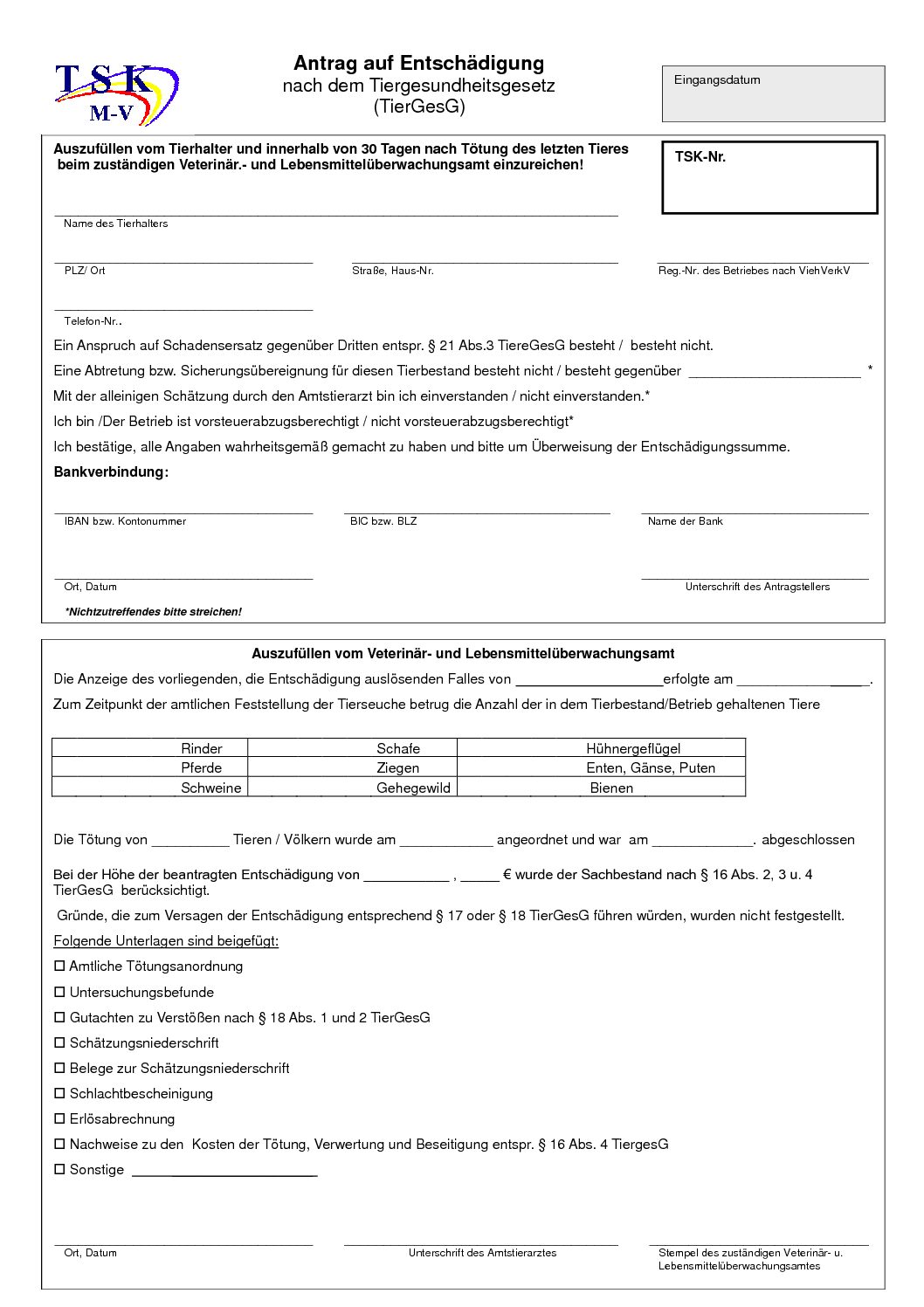 Antrag auf Entschädigung nach TierGesG