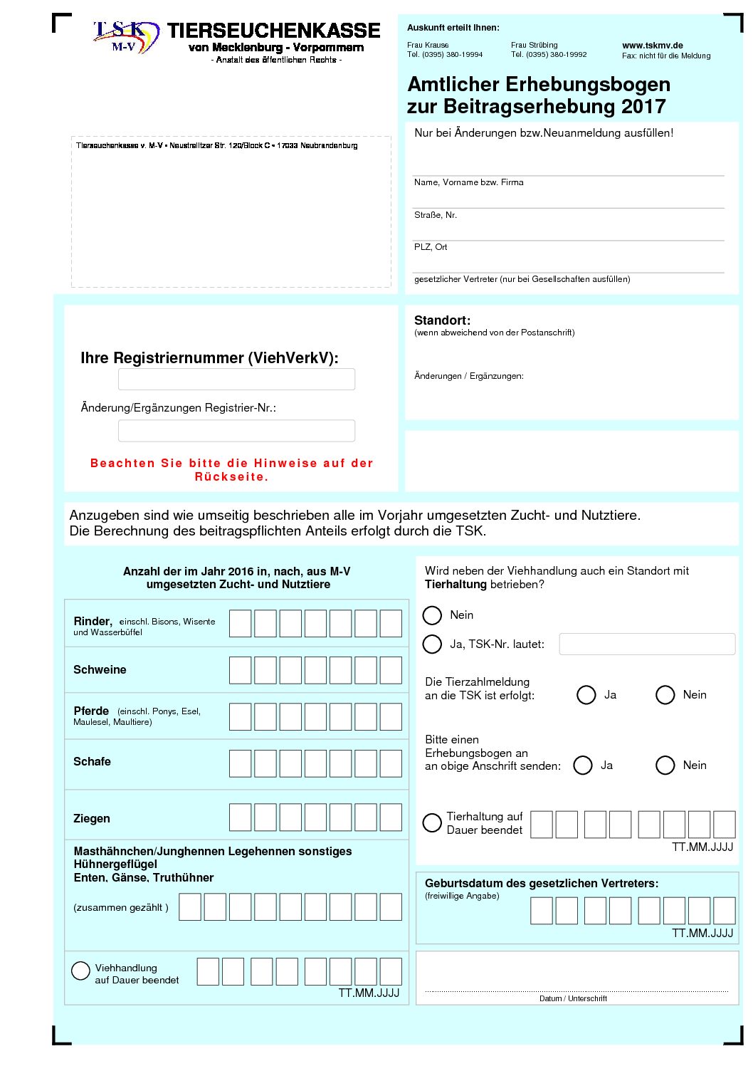 Tierzahlmeldebogen 2017 für Tierkaufleute