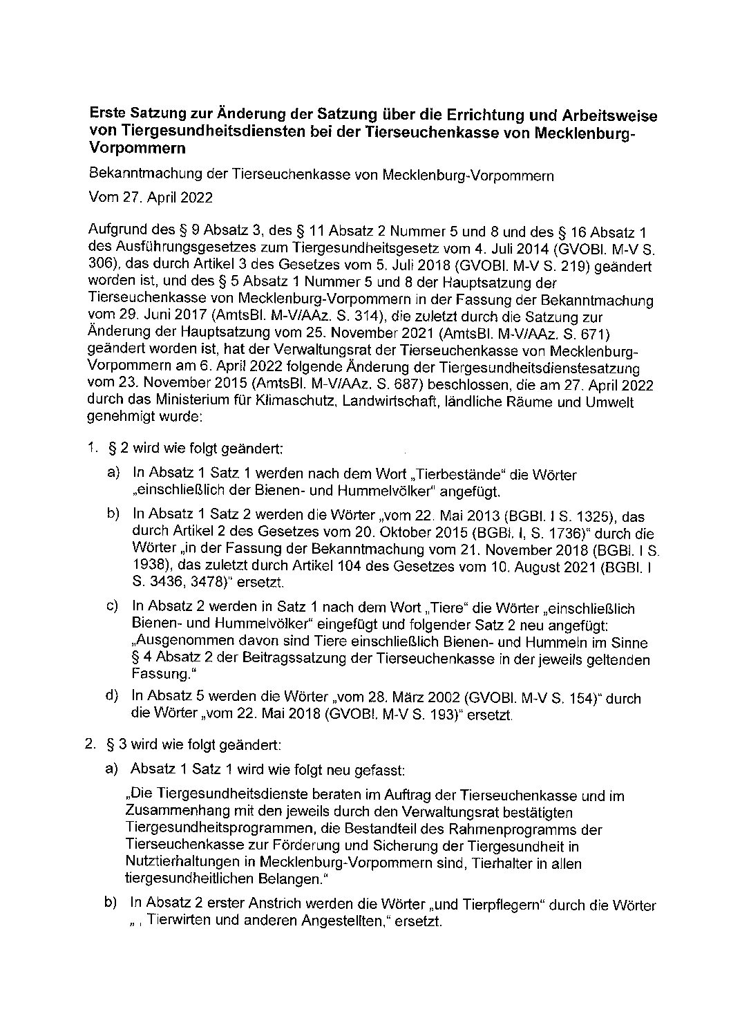 Erste Änderung Tiergesundheitsdienstesatzung