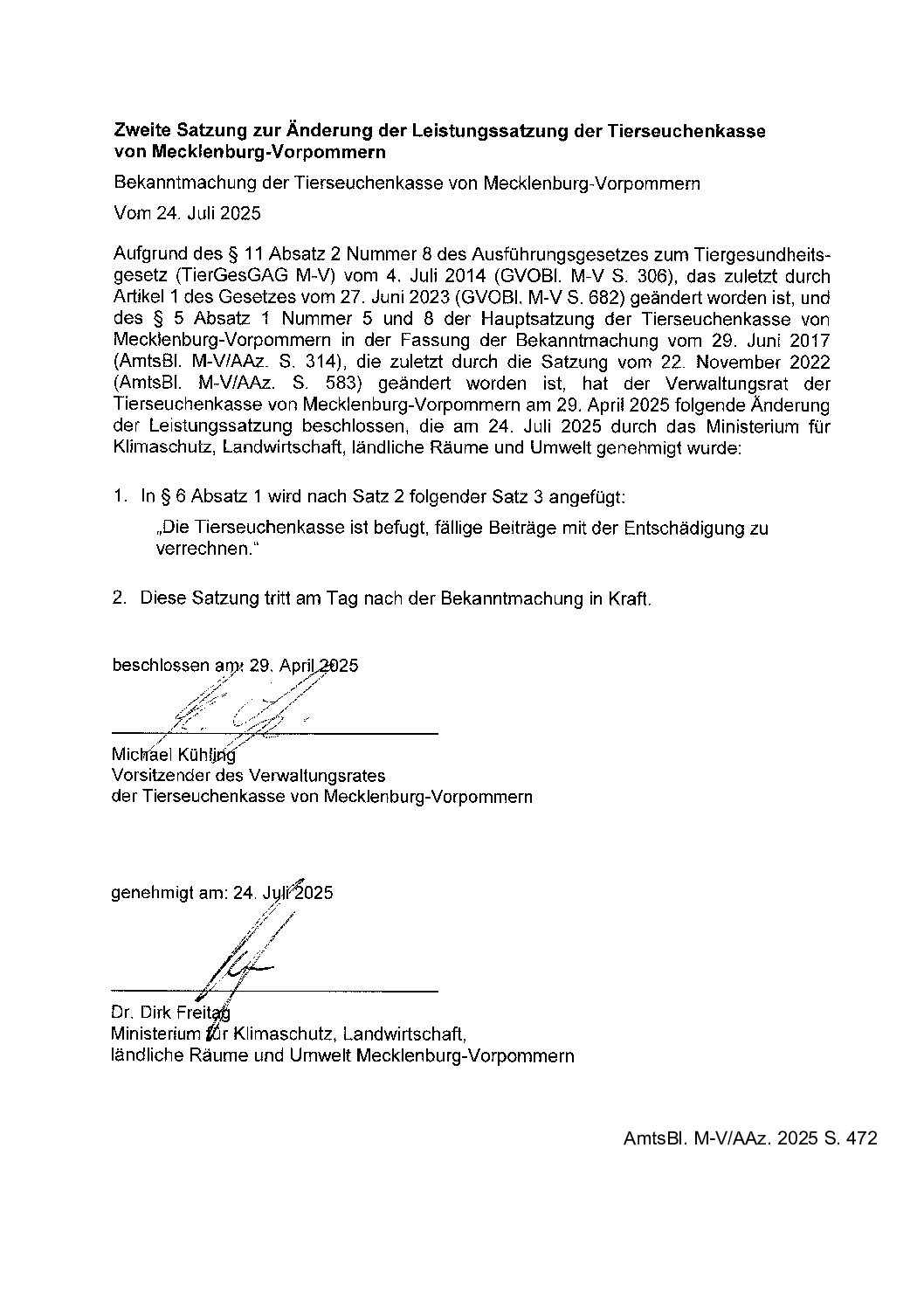 Zweite Satzung zur Änderung der Leistungssatzung