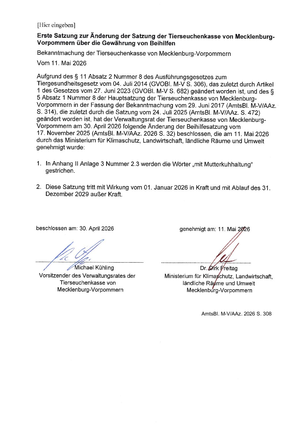 Erste Satzung zur Änderung Beihilfesatzung